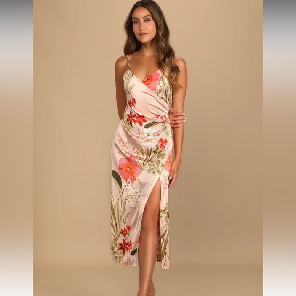 Lulu's Pink Wrap Midi Dress with Slit for Wedding Guest